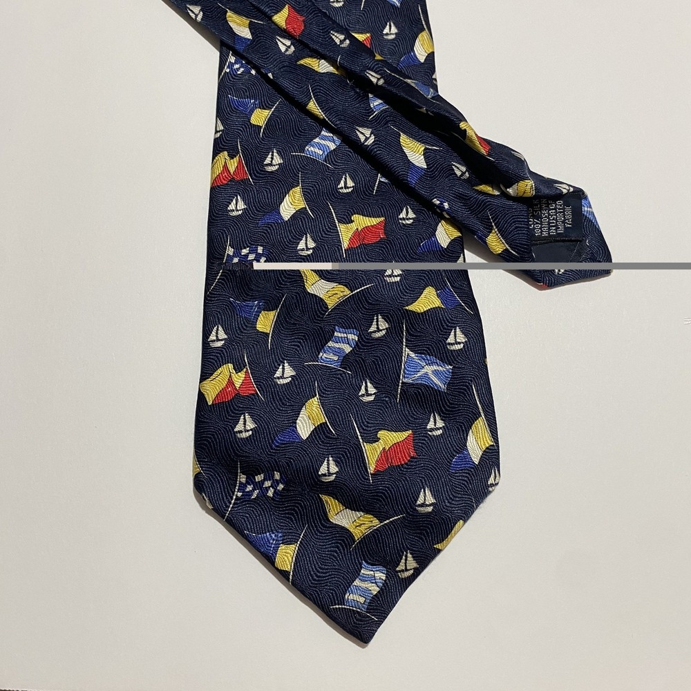 Lands End 100% Silk Neck Tie Nautical Sea Flags Sailboats Pattern Navy